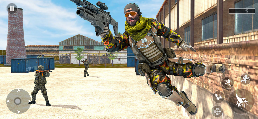 Fire Battleground Fps Survival - Un soldado con camuflaje militar saltando en el aire con un rifle en un campo de batalla táctico de FPS.