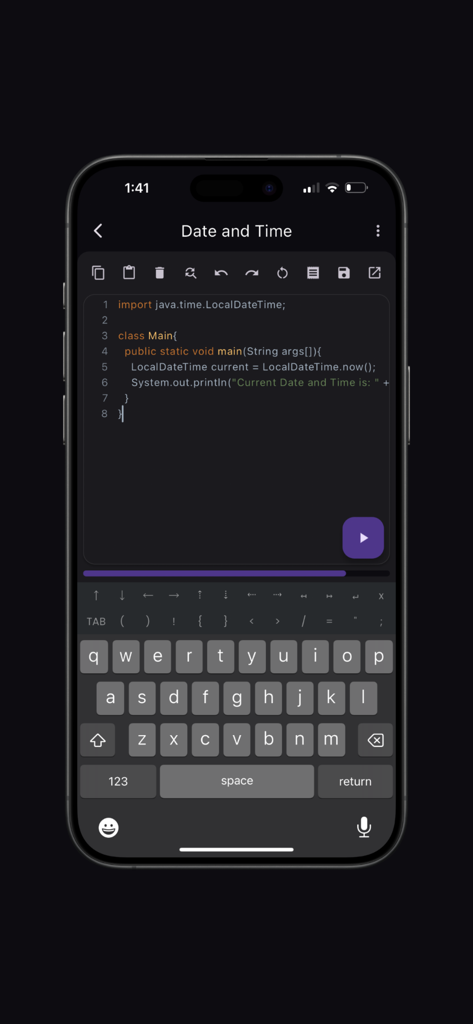 Java Compiler‎ ‎‎ ‎ - Interface do editor de código Java em um telefone celular com teclado de codificação especializado