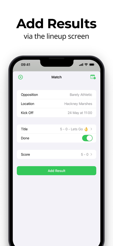 Soccer Line Up Builder - Pro - Interface for entering soccer match results with fields for score location and opposition