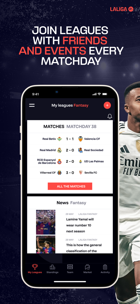 Interfaz de la aplicación LALIGA FANTASY que muestra resultados de partidos de fútbol y noticias de ligas de fantasía