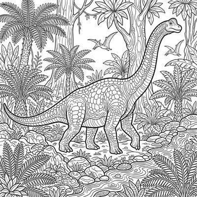 Step back in time to the age of dinosaurs with this captivating Brachiosaurus coloring page. Immerse yourself in a vibrant prehistoric jungle, ready for your creative touch.