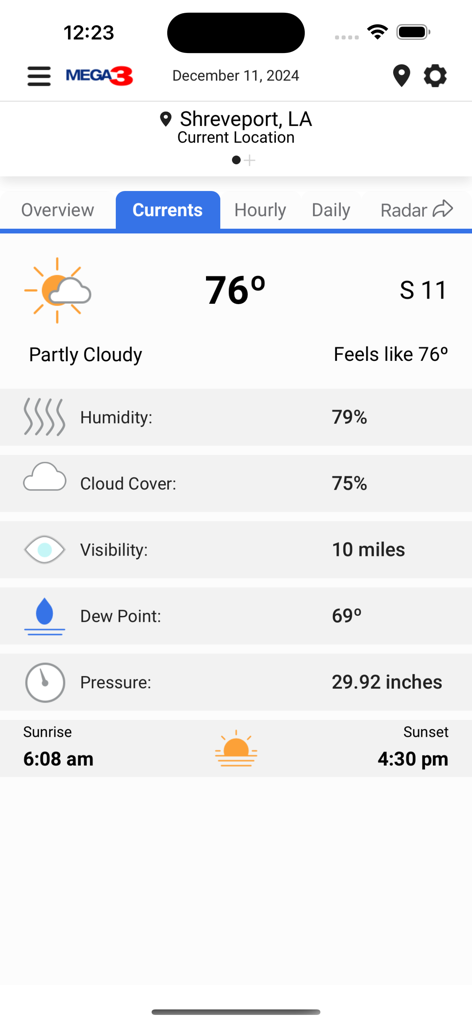 Storm Team 3 - Condiciones meteorológicas actuales en Shreveport, Luisiana en la aplicación móvil Storm Team 3