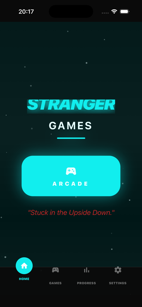 Stranger Things Quiz & Trivia - Der Startbildschirm der Stranger Echoes App mit einem Neon-Arcade-Button und einer retro 80er-Jahre-Synthwave-Ästhetik.