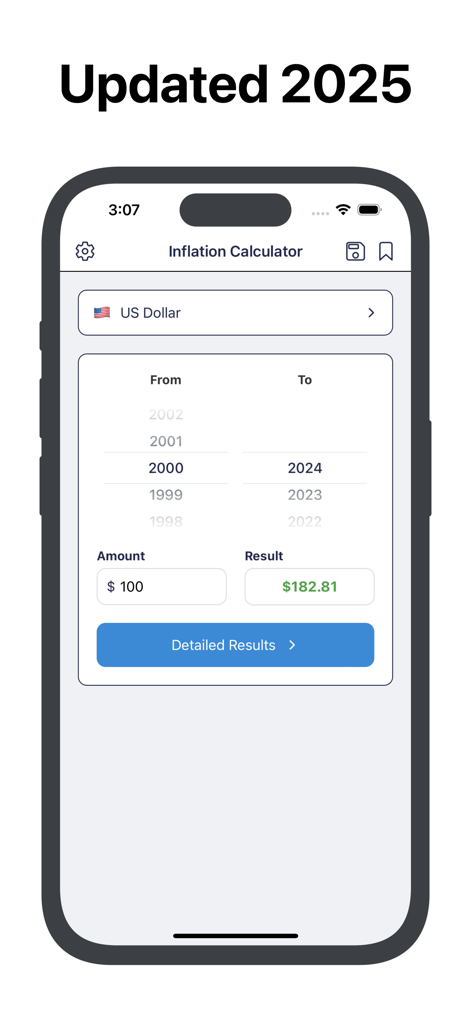 Oberfläche der Inflationsrechner-App, die die Kaufkraft von 100 US-Dollar von 2000 bis 2024 zeigt