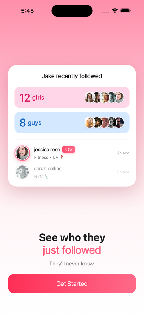 Lurk - Recent Follow Tracker - Interface of the Lurk app showing a breakdown of a user's recently followed accounts including profile pictures and timestamps.