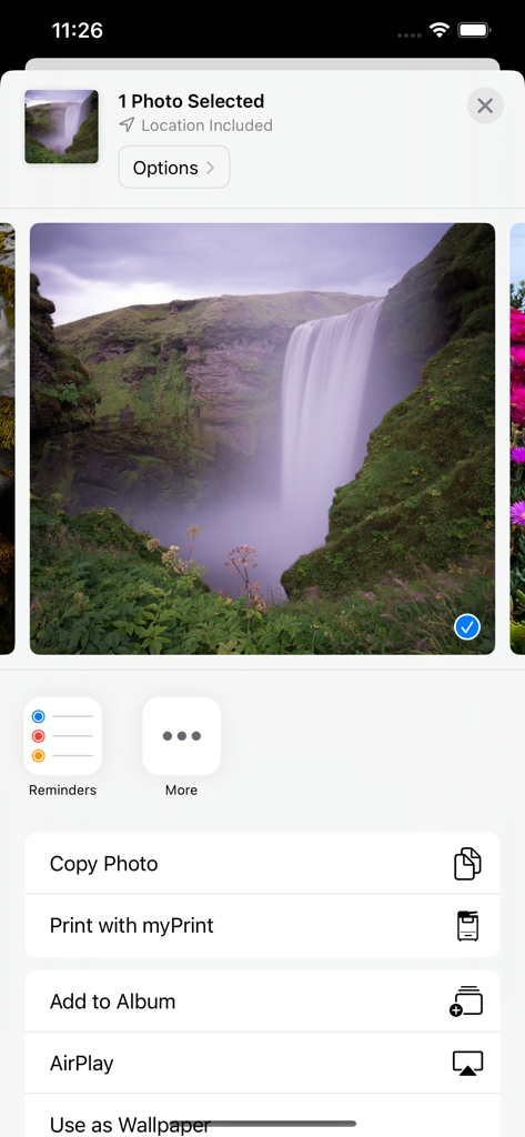 An iPhone screen displaying a selected photo in the iOS share sheet with the Print with myPrint option highlighted in the list of actions.