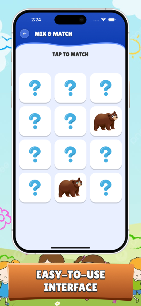 Spanish for Kids and Beginners - Screenshot of a mix and match memory game featuring bear illustrations in the Spanish for Kids app