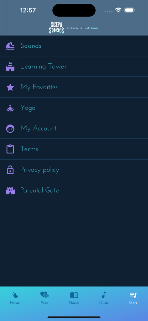 Sleepy Stories - Captura de pantalla del menú "más" en la aplicación Sleepy Stories que muestra opciones como yoga y control parental.