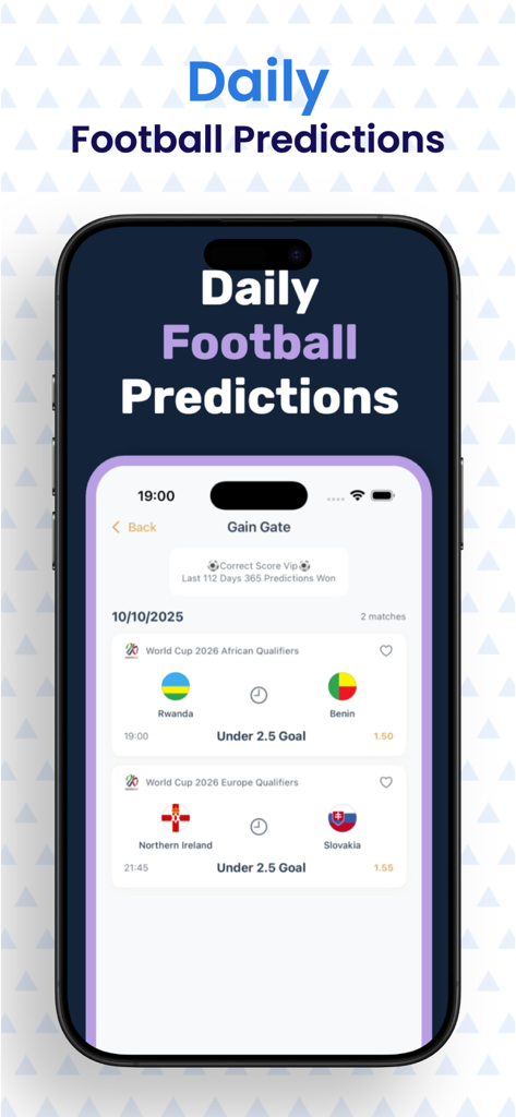Gaingate Prediction & Analysis - Gaingate mobile app screen showing daily football predictions and match analysis for sports betting