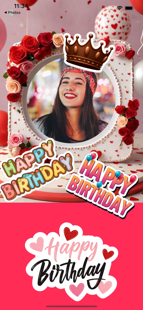 RichFrame Birthday Photo Frame - Un retrato de mujer en un marco de cumpleaños floral con una corona y pegatinas de feliz cumpleaños