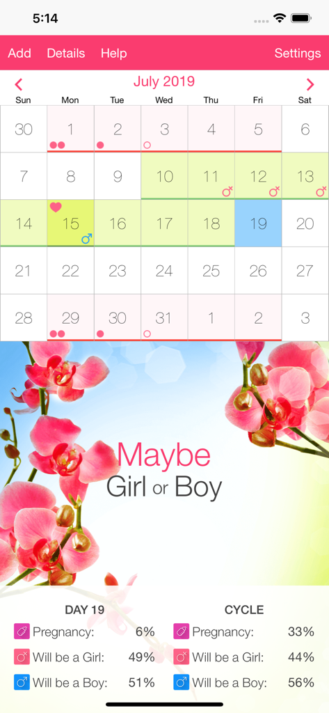 Una visualizzazione mensile del calendario in un'app di tracciamento della fertilità che mostra i cicli mestruali e le probabilità di previsione del sesso