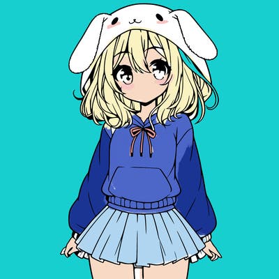 pretty anime girl wearing a fluffy hoodie with bunny ears on the hood and a skirt