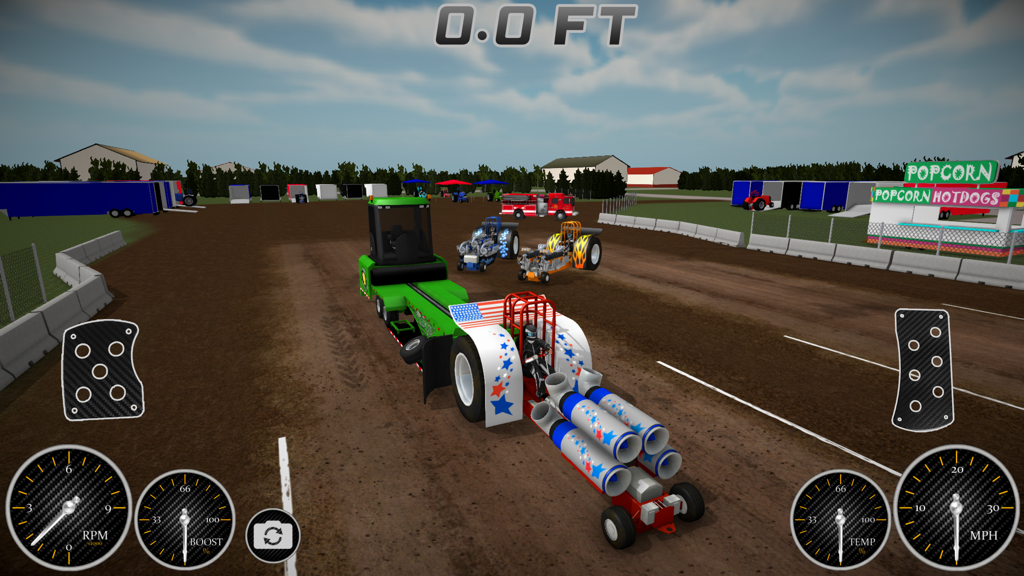 Jugabilidad de Pulling USA 2 mostrando un tractor personalizado en una pista de tierra con indicadores técnicos