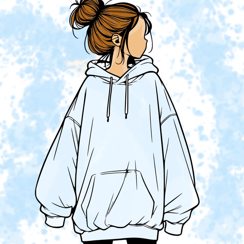 realistic girl with a oversized sweatshirt on and a bun