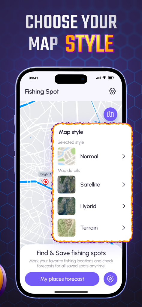 Fishing Spot Finder: Fish Mate - Ein mobiler Bildschirm aus der Fish Mate App, der Optionen zur Auswahl zwischen den Kartenstilen Normal, Satellit, Hybrid und Gelände zeigt.