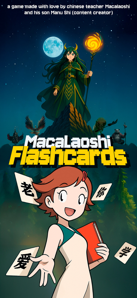 Macalaoshi Flashcards - Illustration promotionnelle pour Macalaoshi Flashcards mettant en scène la protagoniste Lili avec des cartes de caractères chinois flottantes et le personnage de l'Impératrice sur un pic montagneux.