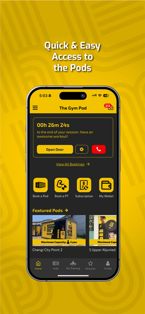 The Gym Pod - The Gym Pod mobile app showing a countdown timer for a workout session and an automated button to open the gym door
