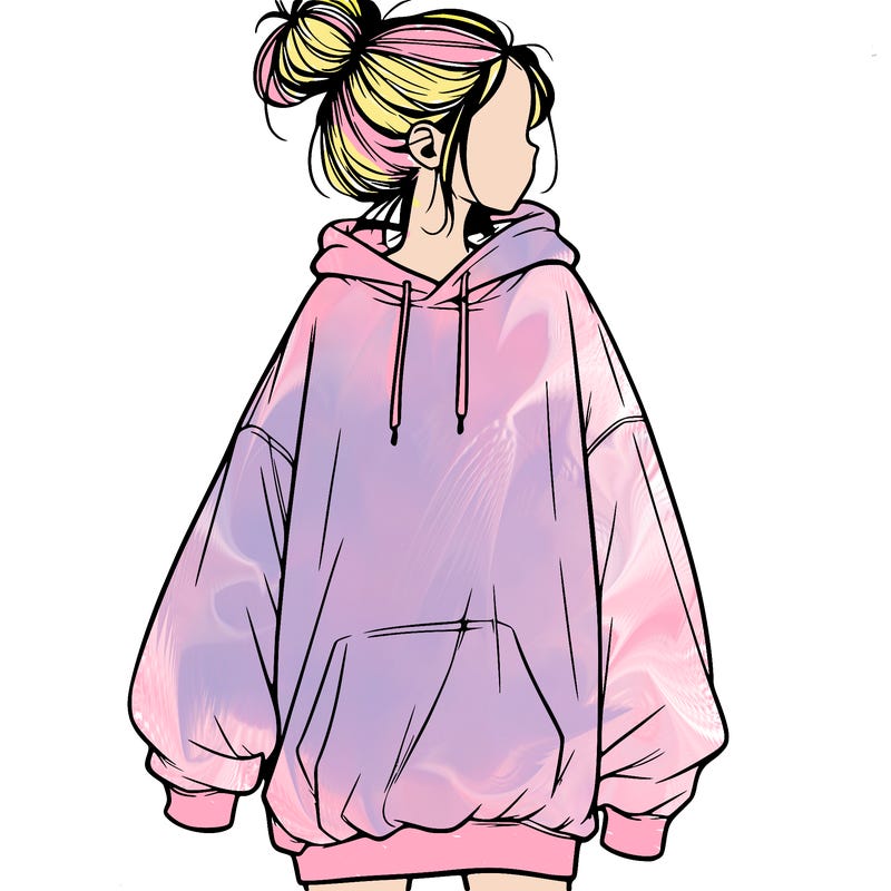 realistic girl with a oversized sweatshirt on and a bun