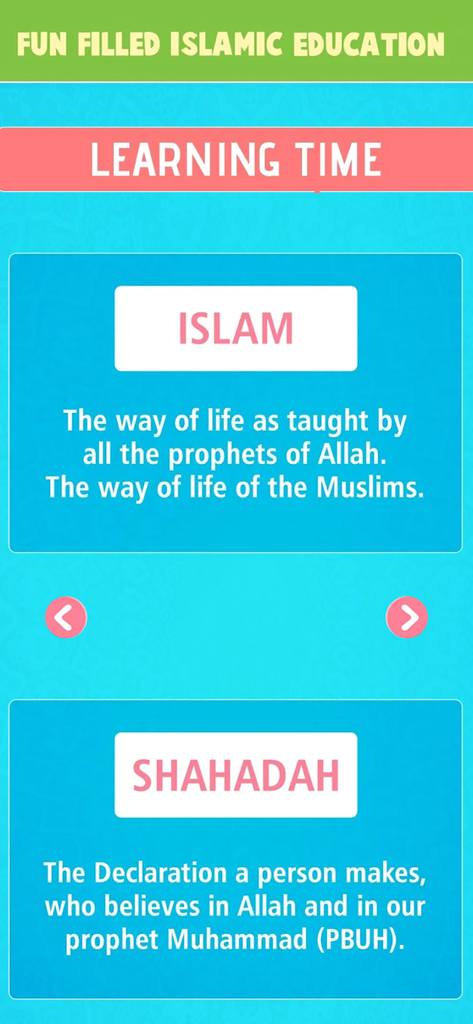 Muslim Education - Islam Games - Educational screen from Muslim Education app defining Islam and Shahadah
