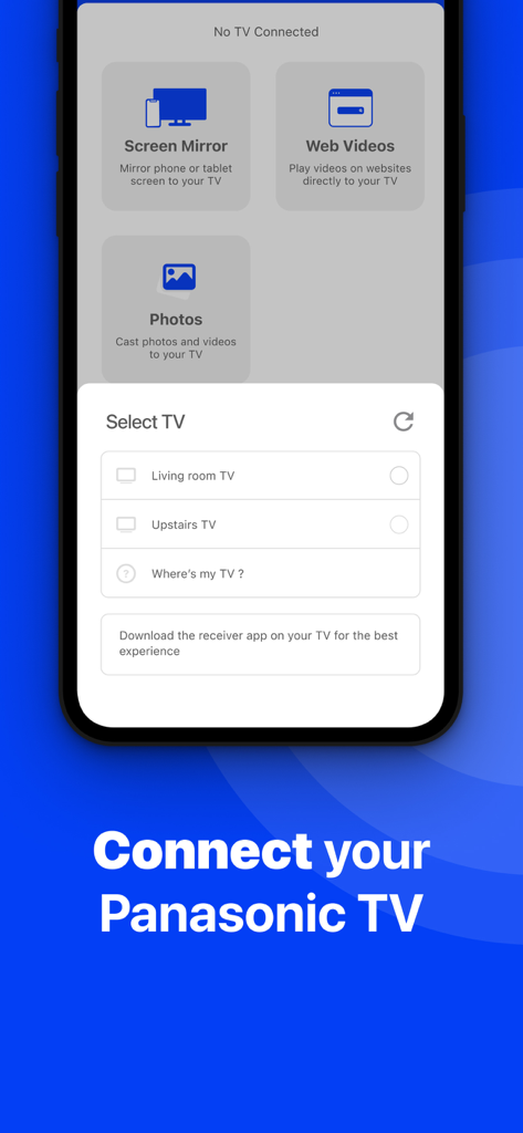 App-Oberfläche zeigt ein Menü zur Auswahl eines Panasonic TV für die kabellose Bildschirmspiegelung von einem iPhone