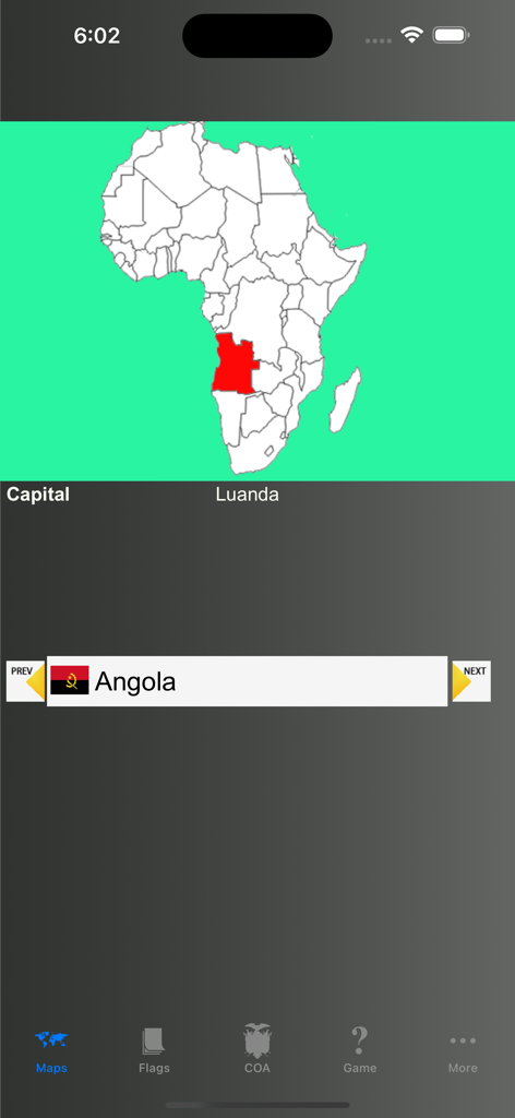 Country Flags, Maps, Capitals - A geography app screen showing Angola highlighted on a map of Africa with its flag and the capital Luanda.