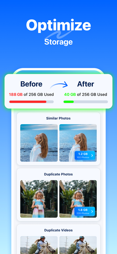 Interfaccia di un'app mobile che mostra l'ottimizzazione dello spazio di archiviazione con confronto prima e dopo e elenchi di foto e video duplicati