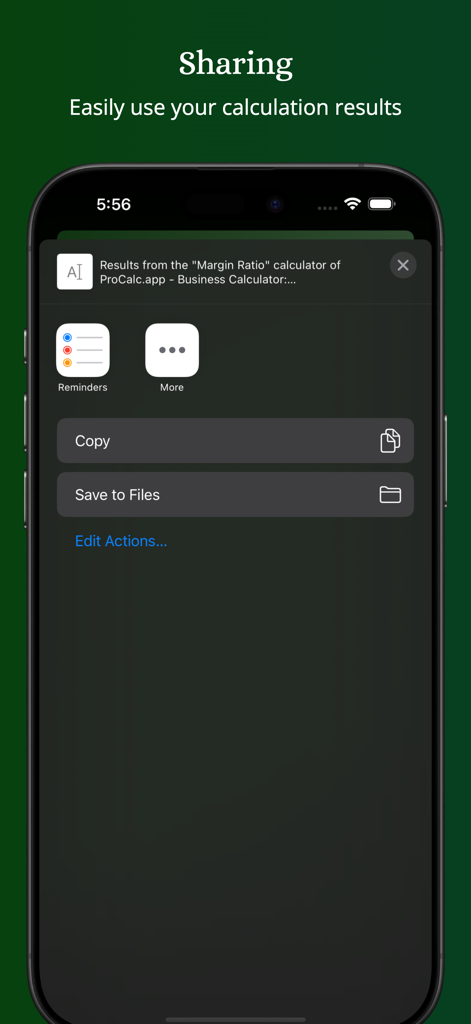 ProCalc.app: Margin, BreakEven - iPhone screen showing the sharing menu for calculation results in the ProCalc business app
