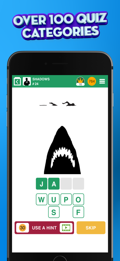 Gameplay screenshot of 100 PICS Quiz showing a shadow silhouette of a shark from the Shadows category