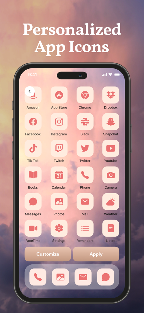 aesthetic kit: widgets, themes - 一貫した美的テーマのカスタムピンクとベージュのアプリアイコンを示すiPhone画面