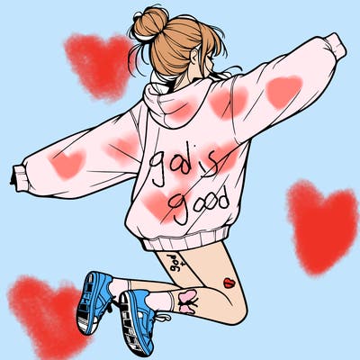 realistic girl jumping with a bun and oversized sweatshirt