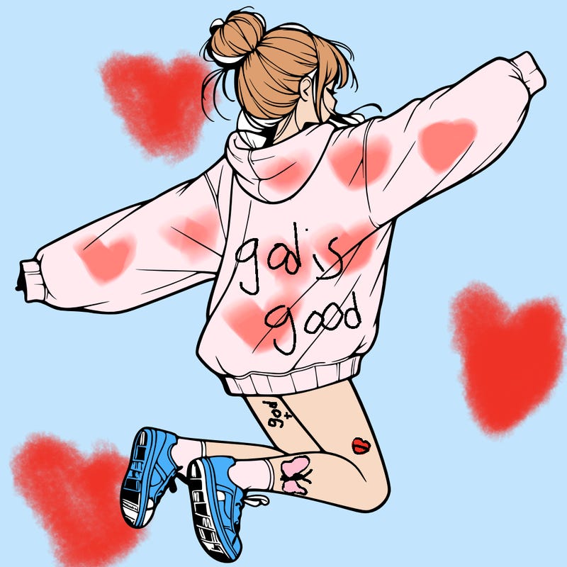 realistic girl jumping with a bun and oversized sweatshirt