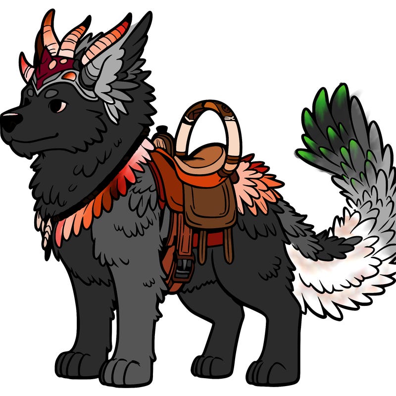 a large canine like creature with dragon horns and a feathery tail wearing a saddle on its back