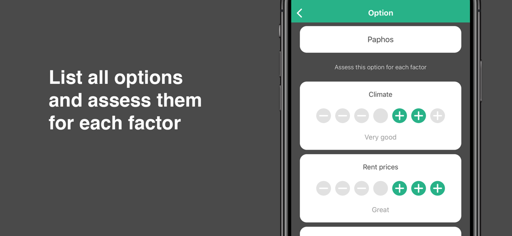 Mobile app interface for assessing options based on factors like climate and rent prices