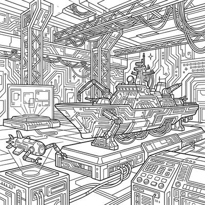 Step into a neo-futuristic world where ancient naval history meets cutting-edge technology with this unique coloring page. Immerse yourself in a cyberpunk maritime museum filled with intricate details of ships, robots, and glowing circuits.