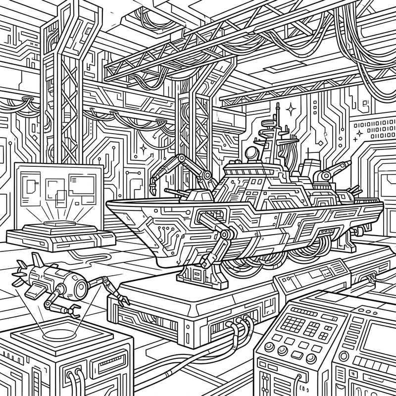 Step into a neo-futuristic world where ancient naval history meets cutting-edge technology with this unique coloring page. Immerse yourself in a cyberpunk maritime museum filled with intricate details of ships, robots, and glowing circuits.