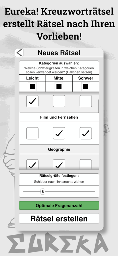 Setup screen for a German crossword app showing customization options for difficulty level category and puzzle size