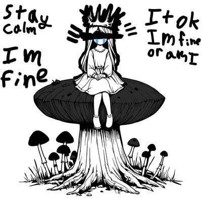 realistic girl sitting on a huge tree stump size toadstool with thorn crown