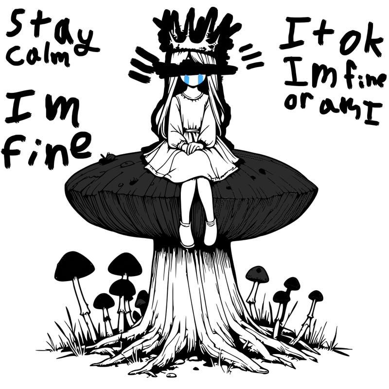 realistic girl sitting on a huge tree stump size toadstool with thorn crown