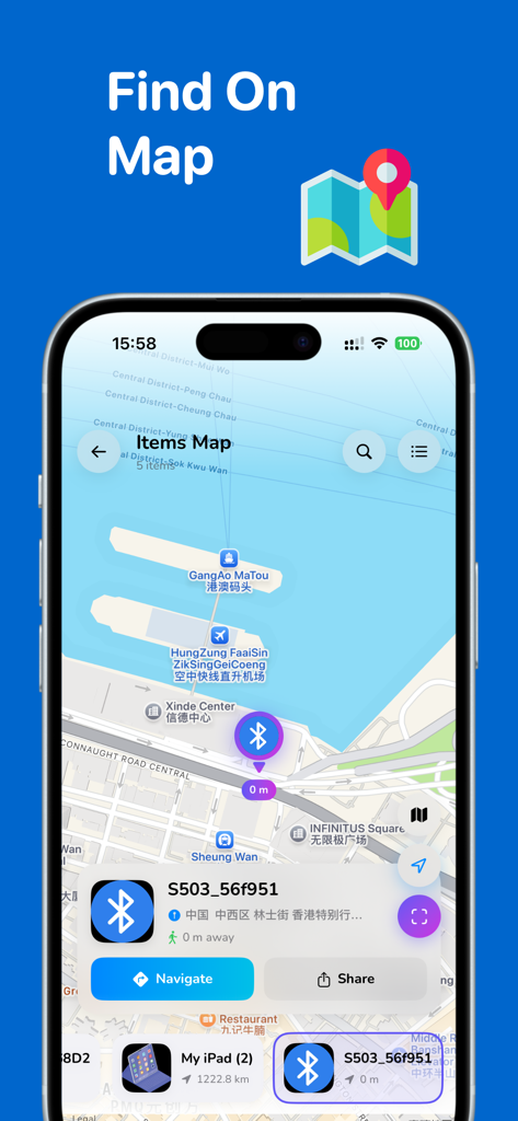 Device Finder Bluetooth Track - Vista de mapa de la aplicación Device Finder mostrando la ubicación de un dispositivo Bluetooth rastreado
