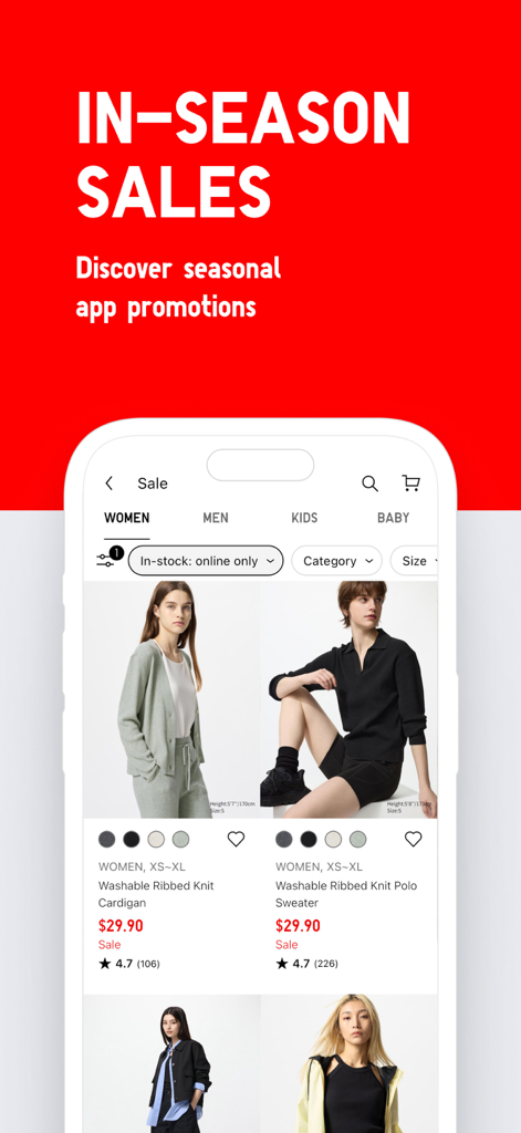UNIQLO mobile app screen displaying in-season sales and discounted women's knitwear