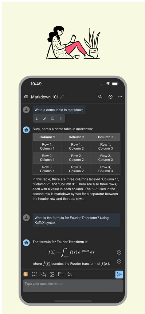 Interface Chatbox AI montrant un tableau Markdown rendu et une formule mathématique LaTeX complexe
