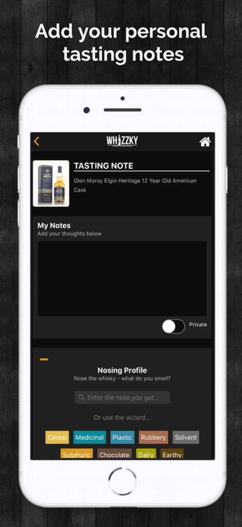 Whizzky Whisky Scanner - Whizzky app screen showing personal tasting notes and nosing profile selection for a whisky bottle
