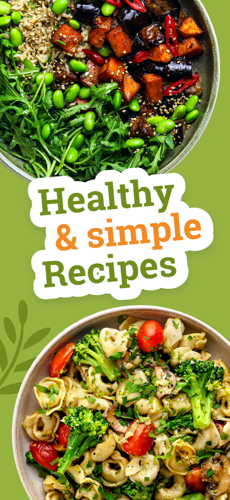 KptnCook Recipes & Cooking - Two vibrant bowls of healthy meals including a vegetable edamame bowl and tortellini with broccoli and tomatoes