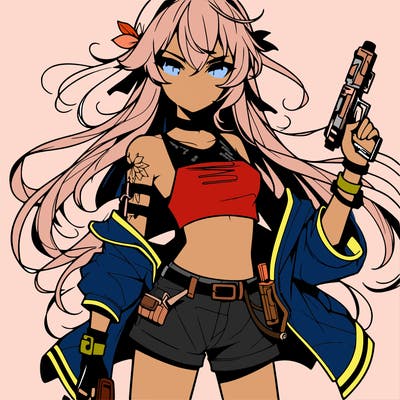 bad girl wearing crop top holding a gun long hair anime