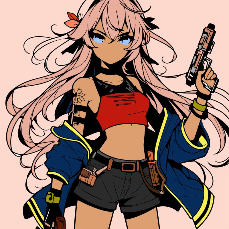 bad girl wearing crop top holding a gun long hair anime