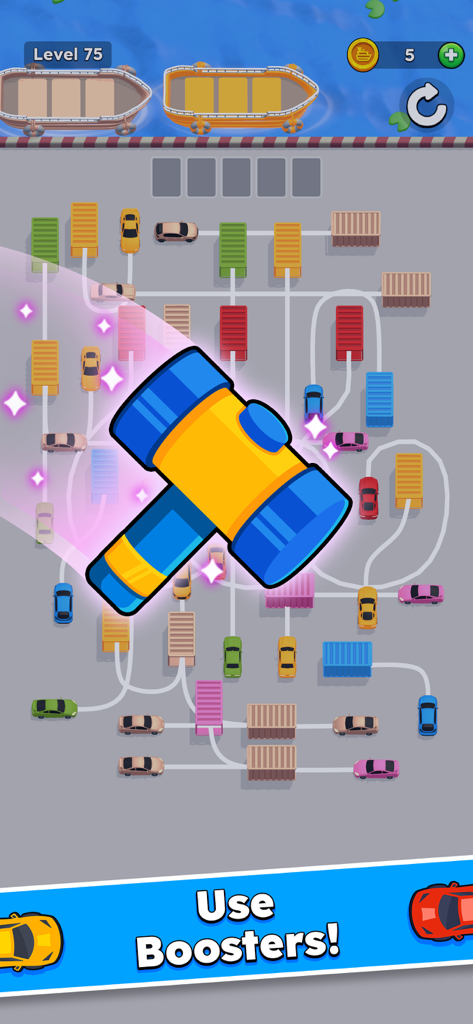 A screenshot of Drive Quest puzzle game level 75 showing a hammer booster icon to help sort cars into containers