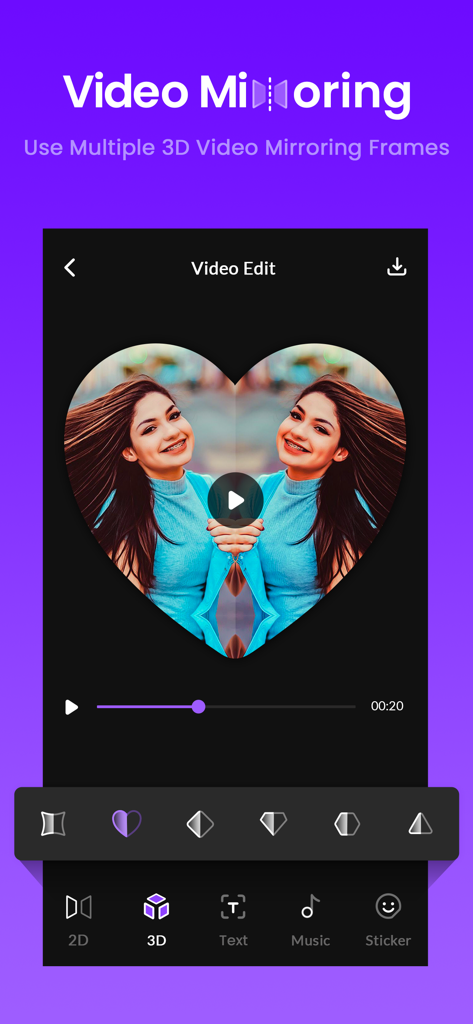 Mirror video editor - Aplicación móvil Mirror Video Editor que muestra fotogramas de espejo de vídeo 3D y efecto de corazón.