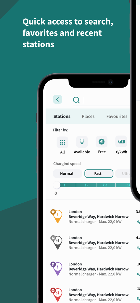 miio - miio アプリのインターフェース。利用可能性や速度など、電気自動車充電ステーションの検索およびフィルターオプションが表示されています