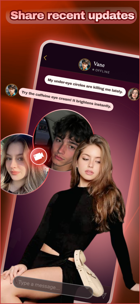 Whisper - Chat Charm - Mobile app chat interface showing users discussing skincare tips and under-eye cream recommendations.