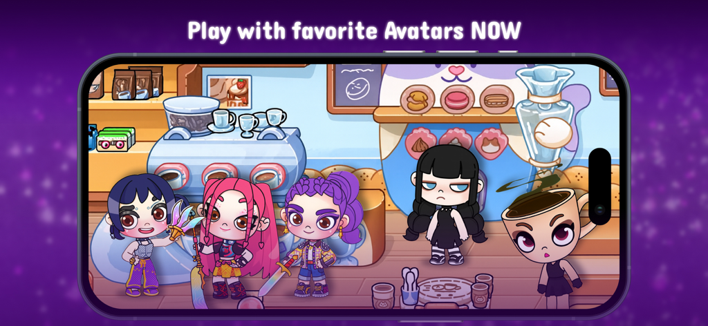 Avatar World - Cute Game Mods - Varios avatares lindos y elegantes de dibujos animados en un colorido escenario de cafetería